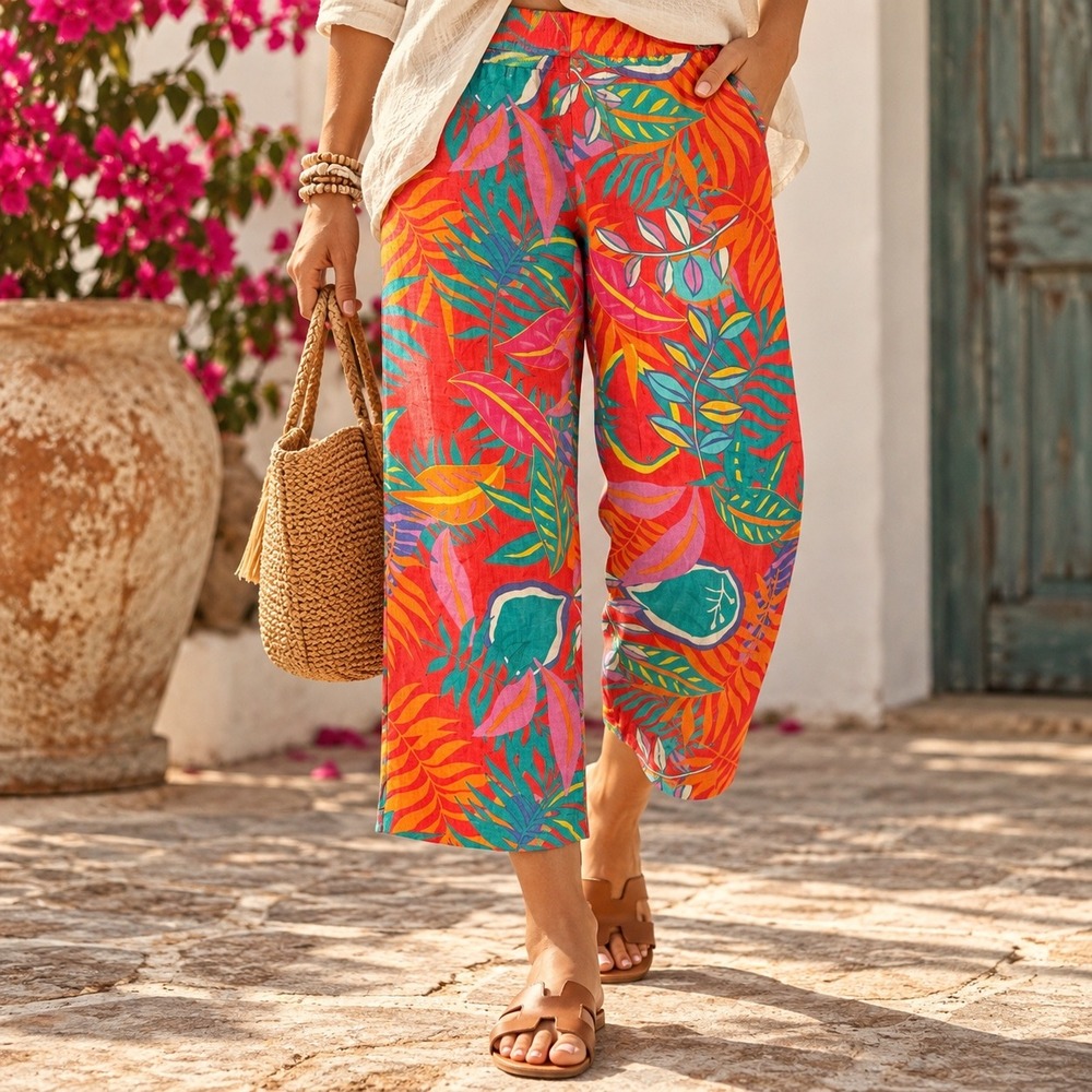 C&C California Womens 100% Linen Tropical Print Wide Leg Crop Pants Medium Boho